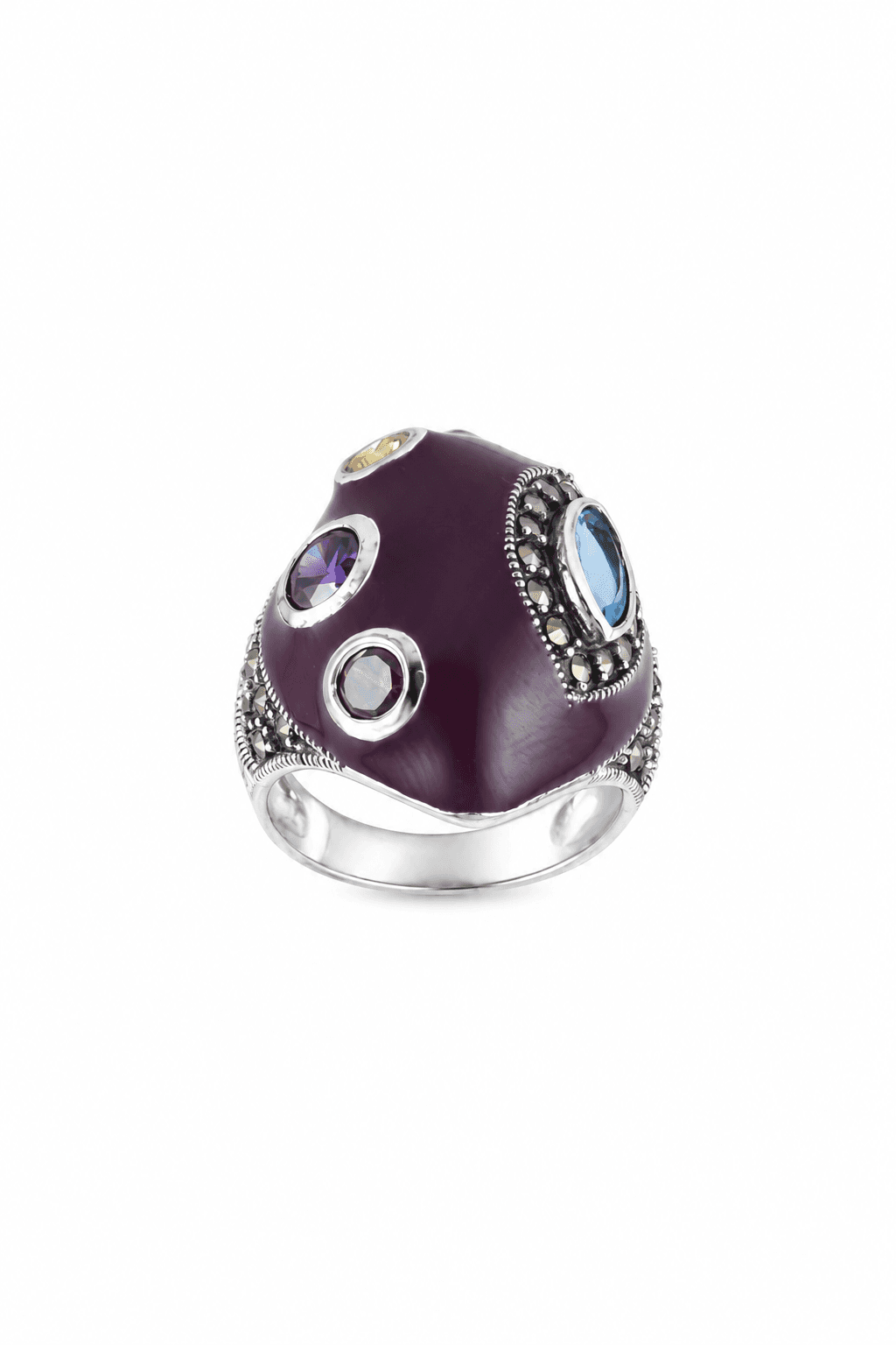 Purple Enamel Multi Gemstone Sterling Silver Ring view 1