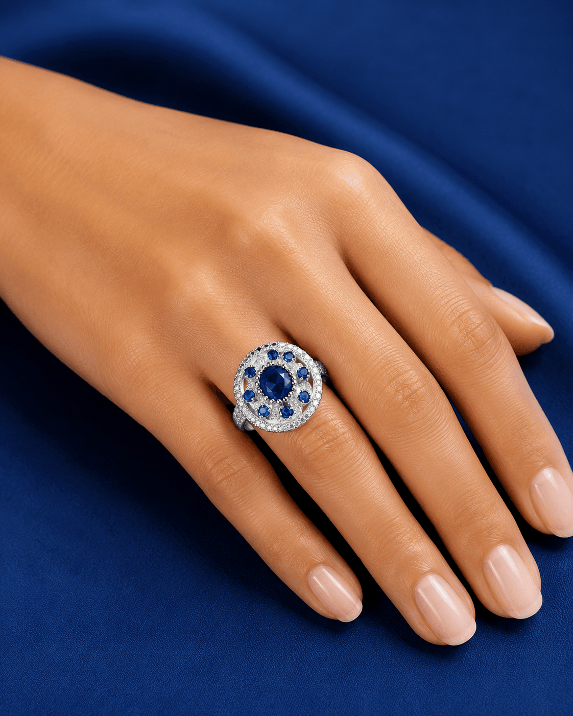 Blue Sapphire Halo Sterling Silver Ring  view 2